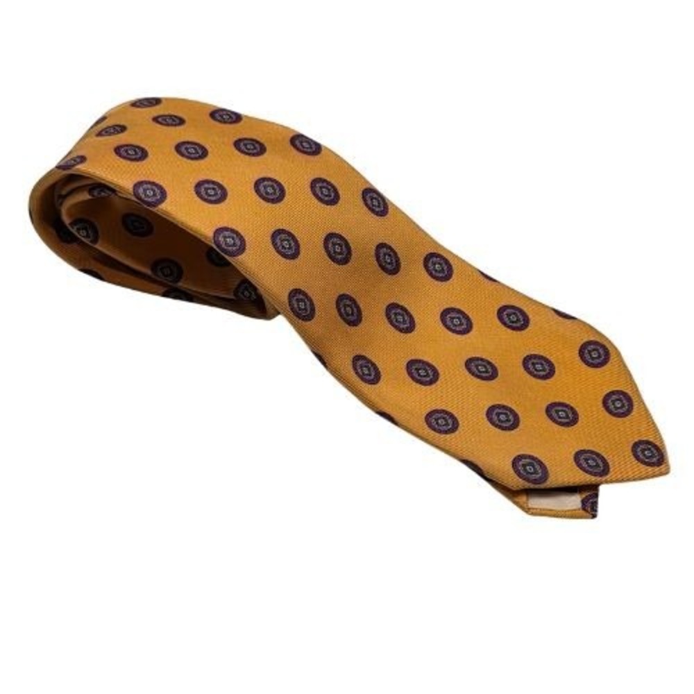Robert Talbott Silk Tie Yellow Purple Medallion Geometric Hand Sewn Italy 3.75"